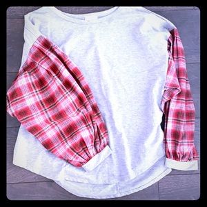 Umgee Ballon Sleeve Top with plaid sleeves